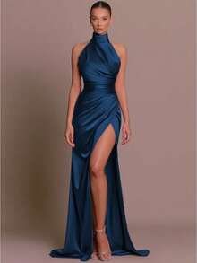 Evening Dress Dress, Temperament Split Neck Sleeveless Party Pleated Dress - 藏蓝色 - 查看 1