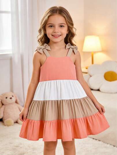 Girls' Vacation Colorblock Design Dress, Soft Pink White Brown Contrast Color, Layered Ruffle Hem + Bow Shoulder Strap, Combining Vacation Vibe And Princess Style, Suitable For Daily, Beach, Party And Other Occasions, Sweet Style Girls Dress
