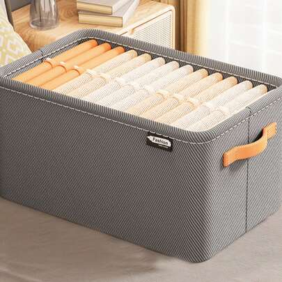 Foldable Fabric Storage Basket With Handle, Clothes Organizer Laundry Hamper, Thickened Steel Frame Storage Box For Clothes, Towels, Diapers, Socks, DVD, Photos Etc. Available In Khaki And Grey, Small/Medium/Large Size