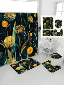 1/4pcs Dark Green Floral & Dandelion Themed Bathroom Set, Includes Shower Curtain, Bath Mat, U-Shaped Toilet Mat, Toilet Lid Cover, Waterproof Shower Curtain, Modern Style Bathroom Divider Curtain, No Drilling Required, Polyester, Machine Washable - Multicolor - View 21