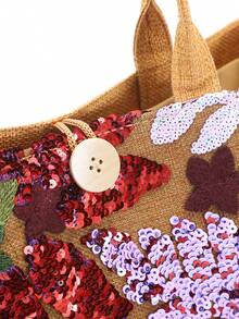 1 chiếc túi tote vải lanh phối lưới và đính sequin nhiều màu sắc, thiết kế thêu hoa lá thời trang, túi đeo vai vuông dung tích lớn, túi mua sắm phong cách thường ngày cho kỳ nghỉ (Họa tiết hoa được phân bố ngẫu nhiên) - Màu tím - Xem 8