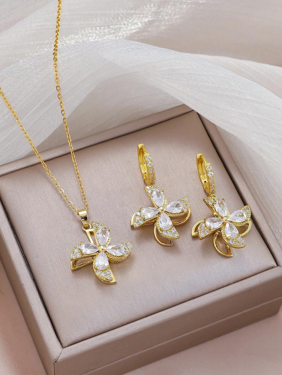 1 Set de Joyería Lujosa con Collar y Aretes de Mariposa Hueca Brillante, Regalo Romántico para Aniversario - Multicolor - Ver 1