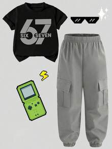 Young Boy Cartoon Print Round Neck Short Sleeve Top And Cargo Pants Set - Black - View 3