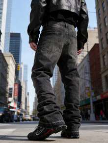 Men's Washed Black & Grey Loose Straight Leg Jeans, Casual High Street American Vibe - Grey - View 2