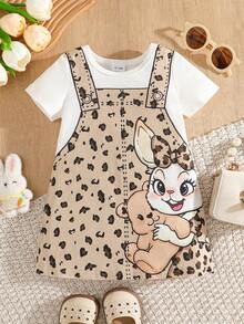 夏季新款女婴可爱卡通兔子豹纹吊带裙，宽松休闲甜美舒适短袖连衣裙，时尚透气女婴夏季服装 - 白色 - 查看 4
