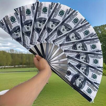 1 Large Bamboo Folding Fan With Dollar Bill Pattern - High Quality Natural Material, No Batteries, Suitable For EDM Festivals, Parties, Events, Decorations And Unique Gifts