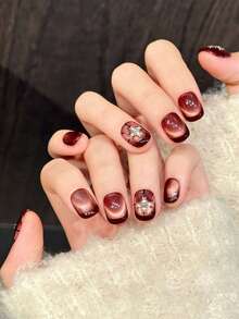 10Pcs Burgundy Cat Eye Rhinestone Press On Nails With Red Diamond Starburst Design For Women - Red - View 3