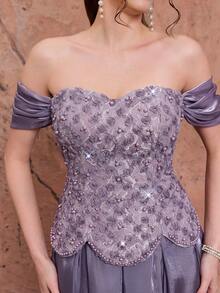 Anpoket New Contrast Lace Off-Shoulder Elegant Evening Gown With Pearl Decor And Ruffle Hem, Suitable For Ball, Wedding, Party, Banquet Guests Spring - Purple - View 5