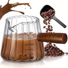 6oz/180ml Glass Espresso Cup With Wooden Handle, Single Hole Milk Frother Cup With Clear Measurement Scale, Heat Resistant, Espresso Accessories - Multicolor - View 1