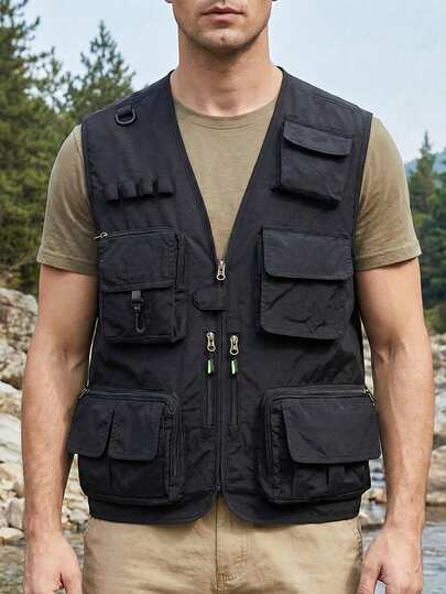 Men's Outdoor Multi-Pocket Tactical Fishing Hiking Travel Sleeveless Vest, Lightweight Breathable Plus Size Summer Casual Fishing Mesh Jacket