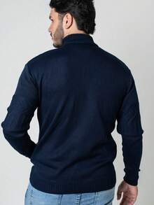 Men's Knitted Cardigan With Zipper And Pocket, Winter Sweater - 藏蓝色 - 查看 2