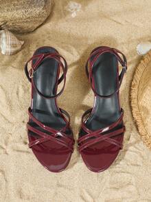 女士尖头细高跟凉鞋，性感优雅露趾绑带派对礼服鞋 - 酒紅色 - 查看 6