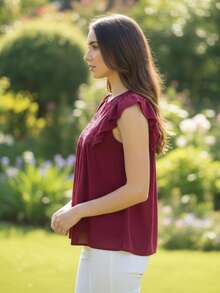 Blusa bordada elegante bohemio dama mujer tejido ligero formal suave olanes hombros jaretas frontales ajustables bajo recto amplio cómodo fresco calor día noche vacaciones playa jardín comida  verano calle diario cumpleaños - Rojo - Ver 3