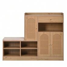 Shoe Cabinet With Upholstered Bench, 3 Woven Rattan Doors And 1 Drawer. Multifunctional Storage Unit With Shoe Rack For The Entryway. Wood Effect. Dimensions: 142 Cm (Width) X 35 Cm (Depth) X 110 Cm (Height). - Wood Color - View 4