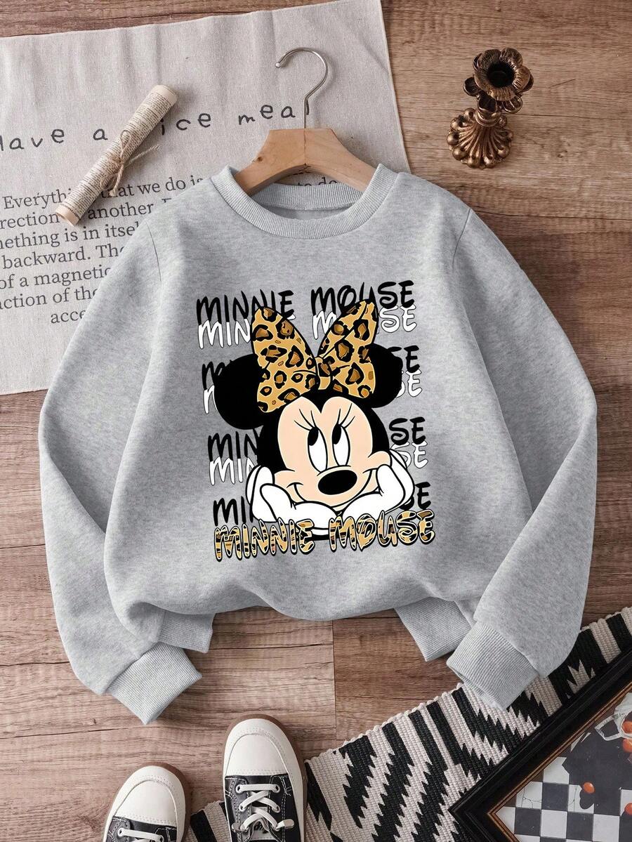 1pc Disney Minnie Mouse Graphic Sweatshirt For Girls - Cute Leopard Print Bow Design With Whimsical Expression, Soft & Comfortable Fabric, Perfect For Daily Casual & Leisure Outings - Xám - Xem 1