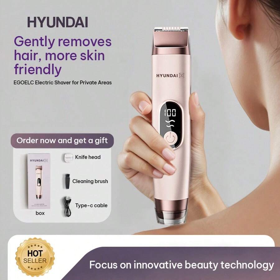 HYUNDAI 现代二合一女士电动剃毛器（玫瑰金），陶瓷刀头，LED显示屏，USB-C充电，双刀头设计，适用于比基尼线、腋下、腿部和私处脱毛 - 乾枯玫瑰色 - 查看 1