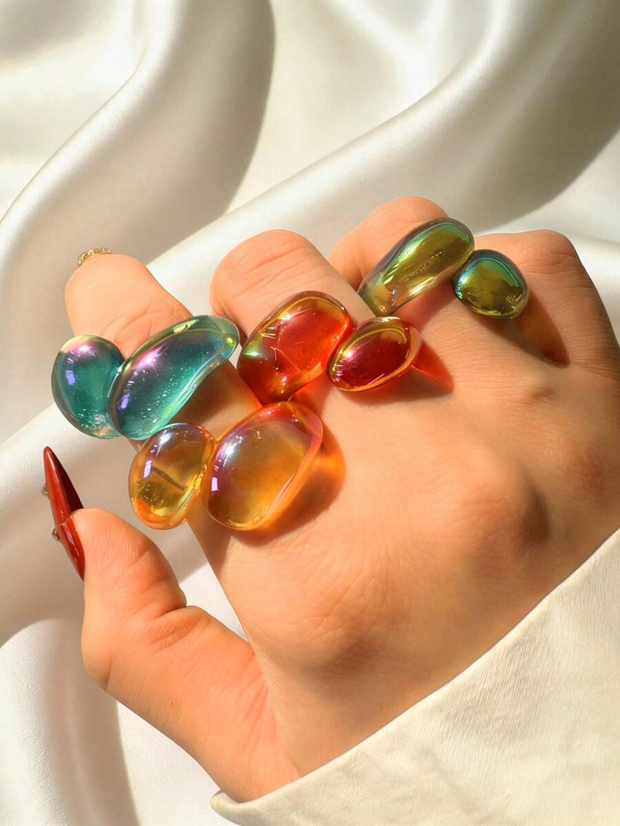 Bộ 4 chiếc nhẫn nhựa trong suốt nhiều màu sắc, thời trang, sang trọng, lấp lánh, độc đáo, tinh tế, sáng tạo, nhẹ nhàng, thanh lịch, đa năng, phù hợp cho phụ nữ đeo hàng ngày, dự lễ hội và tiệc tùng. - Nhiều màu - Xem 1
