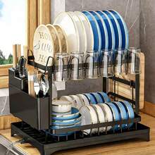 1pc Dish Drying Rack, Space-Saving Dish Rack, Kitchen Counter Dish Rack, Stainless Steel Kitchen Dish Drying Rack With Utensil Holder, Drying Rack For Bowls, Plates, Knives, Spoons And Forks - Black - View 13