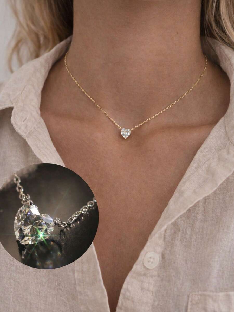 1 chiếc dây chuyền mặt dây chuyền hình trái tim bằng bạc Sterling 925, mặt dây chuyền hình trái tim đính đá Cubic Zirconia, dây chuyền ôm sát cổ, dây chuyền mặt dây chuyền đá Cubic Zirconia. - yêu - Xem 1