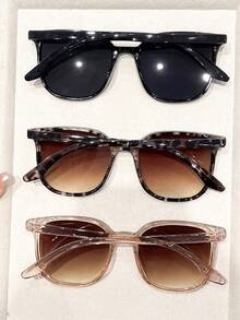 3件套女士眼镜组合，超大镜框，黑色豹纹，茶色塑料时尚眼镜，运动风格镜框，适合户外夏季海滩旅行派对服装配饰 - 彩色 - 查看 3