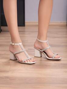 Domidona Women's Sandals With Block Heel And Thin Straps In Rhinestones - trắng - Xem 1