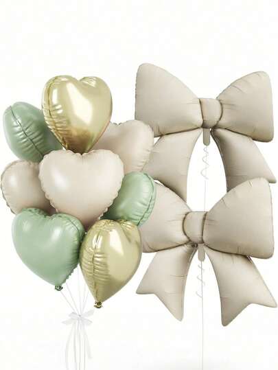 Cream Green Heart & Bow Balloon Set - 38" Bow Balloon, 18" Heart Balloon, Suitable For Birthday Gender Reveal Wedding Party Decoration (Cream Green Heart & Bow Set)