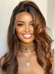 时尚女士蕾丝前假发 13x4 高清渐变棕色金色挑染合成纤维假发，无需胶水，易于佩戴，预先拔毛发际线，隐形蕾丝挑染金色假发，女士耐热纤维，蓬松波浪纹理 - 彩色 - 查看 7