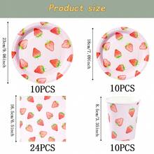 草莓图案一次性餐具套装，7/9英寸派对餐盘，一次性纸盘，餐巾纸，纸杯，适用于节日、婚礼、订婚、生日、派对、庆典等场合。 - 彩色 - 查看 9