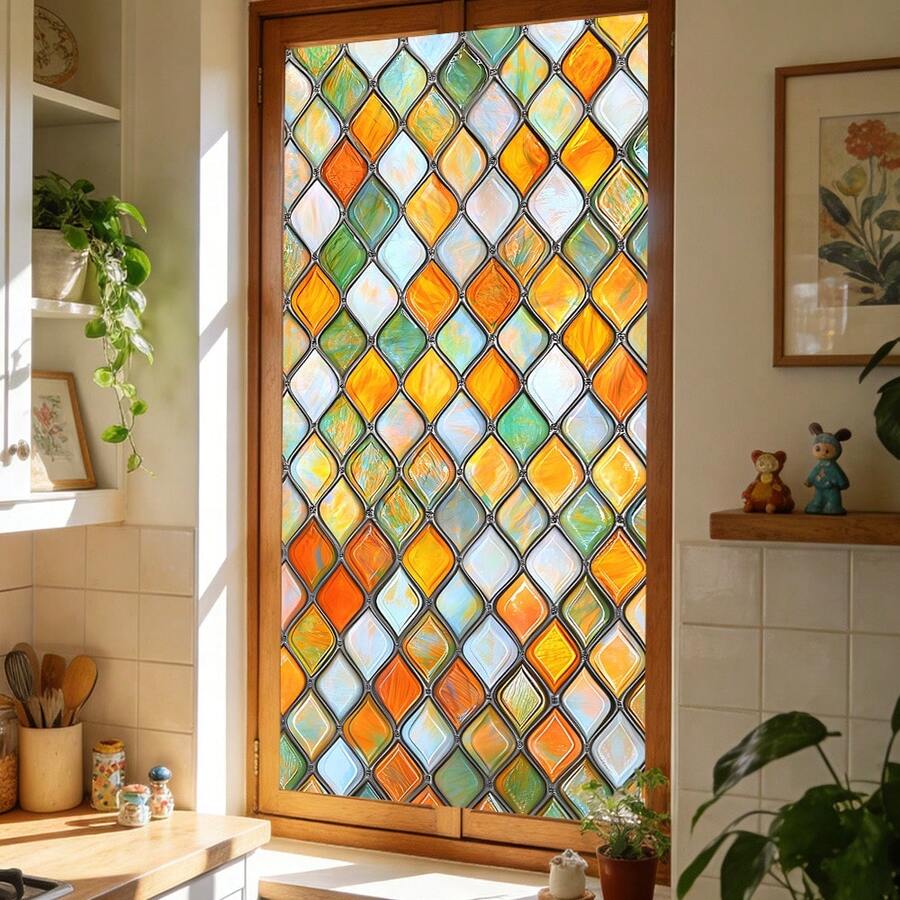 1/4片装饰性窗户隐私膜，复古马赛克和冰裂纹设计静电吸附玻璃贴纸，防水可移除，适用于客厅推拉门和办公室用品