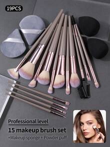 19件套香槟色化妆刷套装，包括散粉刷、腮红刷、粉底刷、眼影刷、遮瑕刷、唇刷、眉刷，柔软合成刷毛，全套化妆工具 - 香檳色 - 查看 4