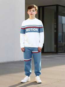 2 件套男童字母印花卫衣和慢跑裤套装，休闲日常穿着，春/秋/冬 - 藍色 - 查看 2