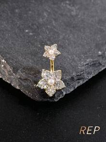 1件优雅立方氧化锆花朵造型穿孔肚脐环，银色肚脐环，适合女性日常、约会、派对佩戴，不锈钢饰品 - 彩色 - 查看 3