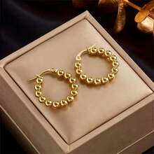 一对时尚的女士不锈钢珠耳环 - 金黃色 - 查看 3