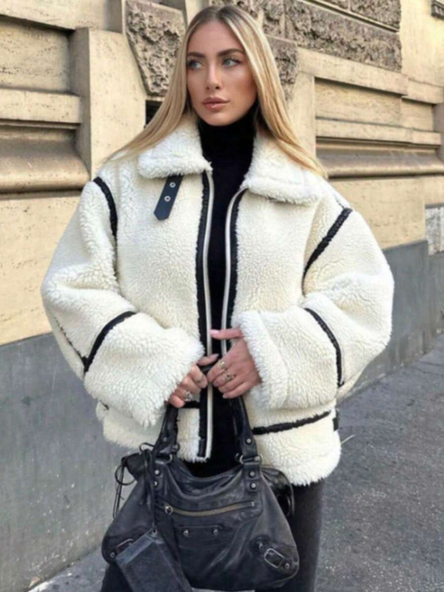 女士优雅拼接保暖外套，休闲立领拉链街头风外套，带口袋，长袖，2025冬季款 - 白色 - 查看 1