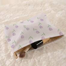 1pc Double-Sided Random Print Corduroy Zipper Makeup Bag/Toiletry Bag, Large Capacity Lined Storage Bag, Suitable For Travel, School And Girls' Daily Use - Multicolor - View 5