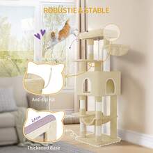 HEXCELEN Cat Tree, 149cm, With 5 Scratching Posts, Large Platforms, Hiding Cave, Multi-Level Cat Activity Center, Pom-Poms, Beige - Beige - View 2