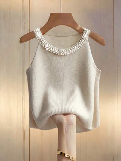 Elegant Casual Faux Pearl Decor Halter Neck, Spring/Summer