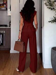 Bộ 2 món thanh lịch, thoải mái, thích hợp đi làm, công sở, kiểu Pháp: Áo vest không tay thắt eo + Quần ống rộng, thích hợp mặc mùa hè. - Màu Đỏ Sâu - Xem 5