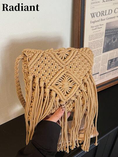 Bohemian Vacation Style, Mini Fashionable And Versatile Casual Minimalist Women's Crossbody Bag, Handmade Yarn Knit, Tassel Design, Can Hold A Phone, Lipstick, Etc., Suitable For Shopping, Dates, Travel, Outings, And Vacations.