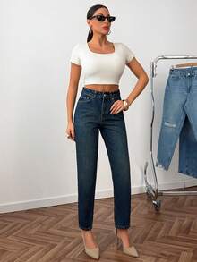 High Waist Plain Casual Comfortable Denim Pocket Zipper Button Jeans - Blue - View 1