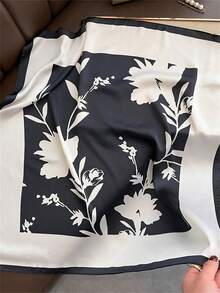 1pc New Floral Print Soft Square Scarf, Fashionable Minimalist Lightweight Vacation Style Shawl, Best Gift Choice - Multicolor - View 2