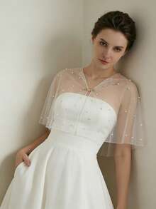 女士短款薄纱披肩一件，适合新娘婚礼、派对、摄影、日常穿着，附赠胸针。 - 彩色 - 查看 2