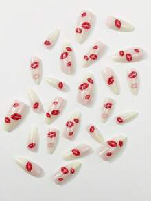 24pcs Nail Sticker Set, Includes Medium Sized Press-On Nails, Minimalist Daily, French Manicure, Light Pink & White Base Colors, Almond Shaped Nails, Red Lip Print, White & Red Nail Designs, Creative & Romantic. Suitable For Girls & Women For Daily Use, Dates, Holidays, Parties.The Set Includes: 1pc Jelly Glue And 1pc Nail File Sticker. Nail Supplies - Multicolor - View 3