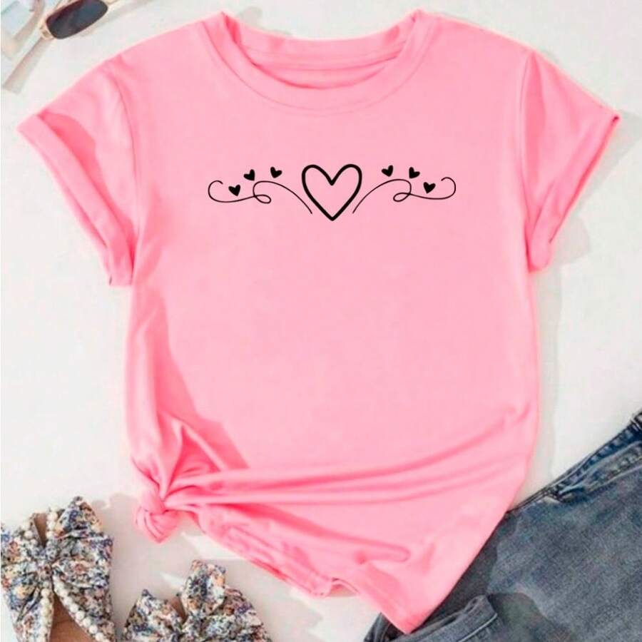 Camiseta Infantil 100% Algodão - Estampa Corações C/ Elementos Discretos Blusinha fofa Para Meninas - Rosa Bebê - Visão 1