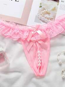 Sheer Pearl Thong Lingerie For Women, Open Crotch Design - 粉 - 查看 7