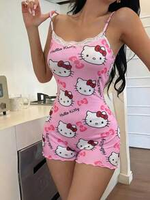 SANRIO 1pc Women's Cute Printed Camisole Jumpsuit, Lace Trim Minimalist Jumpsuit, Comfortable Home Wear For Spring/Summer/Autumn - Pink - View 6