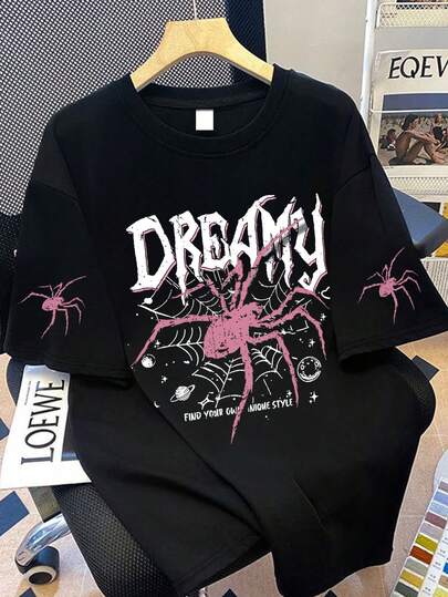 1 adet Pembe Örümcek Grafikli Bol Kesim Kısa Kollu Tişört, Genç Kızlar İçin Günlük Spor Tarzı Yuvarlak Yaka Tişört, Okul ve Dış Mekan Giyimi İçin Mükemmel Yaz Hediyesi, İlkbahar ve Yaz Ayları İçin Uygundur