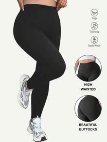 Plus-Size Women's Mid Waist Fitness Leggings Opaque Workout Pants - 黑色 - 查看 1