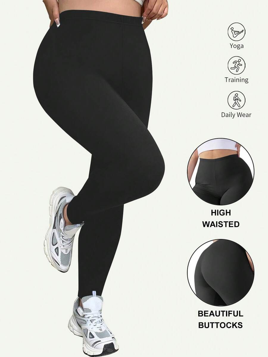 Plus-Size Women's Mid Waist Fitness Leggings Opaque Workout Pants - 黑色 - 查看 1