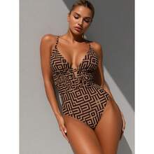 Women's Halter One Piece Swimsuit - Geometric Print Bathing Suit, Sexy Deep V Neck, Removable Padded Swimwear For Women, Stylish Beach Pool Vacation Outfits - 多色125 - 查看 3